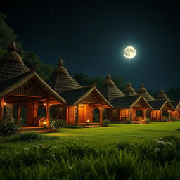 A close-up nighttime view of a Hindu ashram inspired by the Mahabharata era, showcasing an array of traditional huts (kutiyas) intricately designed with natural materials like wood and thatch