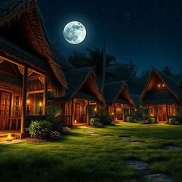 A close-up nighttime view of a Hindu ashram inspired by the Mahabharata era, showcasing an array of traditional huts (kutiyas) intricately designed with natural materials like wood and thatch
