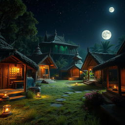 A close-up nighttime view of a Hindu ashram inspired by the Mahabharata era, showcasing an array of traditional huts (kutiyas) intricately designed with natural materials like wood and thatch