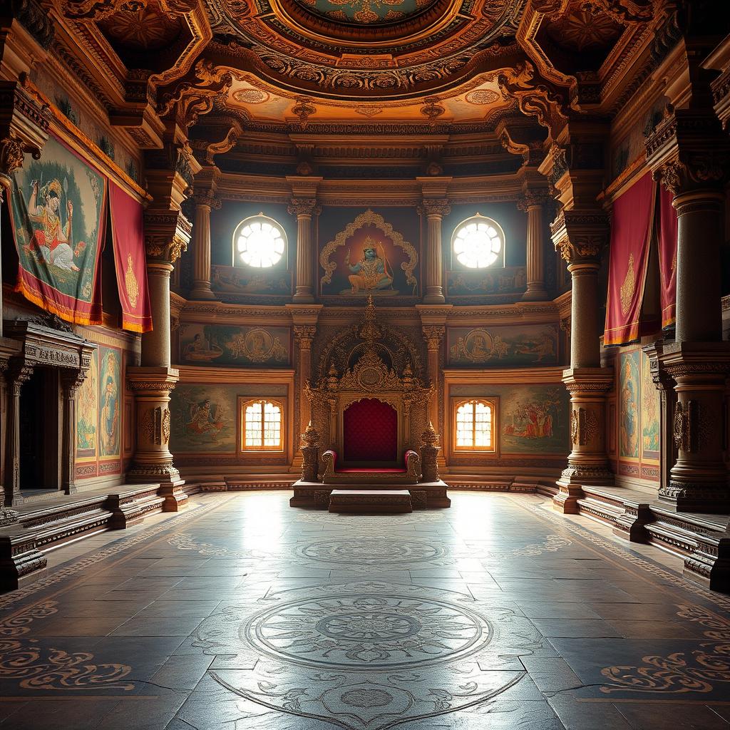 The interior of Hiranyakashyap's grand darbar, featuring an opulent and elaborately decorated space that reflects the richness of ancient Indian architecture