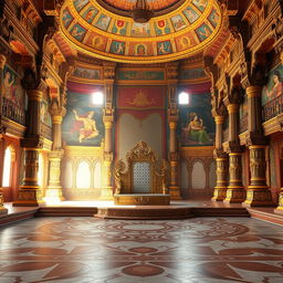 The interior of Hiranyakashyap's grand darbar, featuring an opulent and elaborately decorated space that reflects the richness of ancient Indian architecture