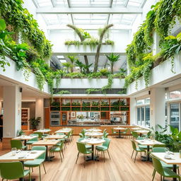A two-story minimalist restaurant located above a coffee shop, featuring atrium walls lush with vibrant greenery