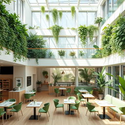 A two-story minimalist restaurant located above a coffee shop, featuring atrium walls lush with vibrant greenery
