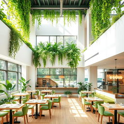 A two-story minimalist restaurant located above a coffee shop, featuring atrium walls lush with vibrant greenery