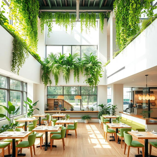 A two-story minimalist restaurant located above a coffee shop, featuring atrium walls lush with vibrant greenery
