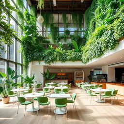 A two-story minimalist restaurant located above a coffee shop, featuring atrium walls lush with vibrant greenery