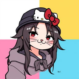 A male version of Hello Kitty, featuring a character with long hair and a thin goatee beard around his face
