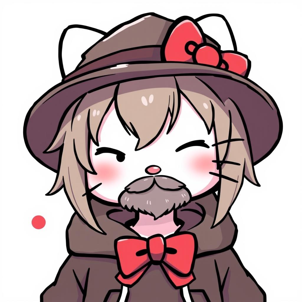 A male version of Hello Kitty, featuring a character with long hair and a thin goatee beard around his face