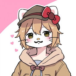 A male version of Hello Kitty, featuring a character with long hair and a thin goatee beard around his face