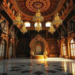 The opulent interior of Hiranyakashyap's palace, showcasing a grand and majestic space with an empty ornate throne at the center