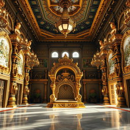 The opulent interior of Hiranyakashyap's palace, showcasing a grand and majestic space with an empty ornate throne at the center