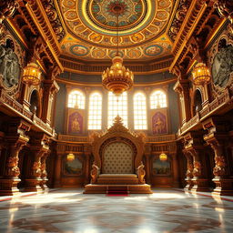 The opulent interior of Hiranyakashyap's palace, showcasing a grand and majestic space with an empty ornate throne at the center