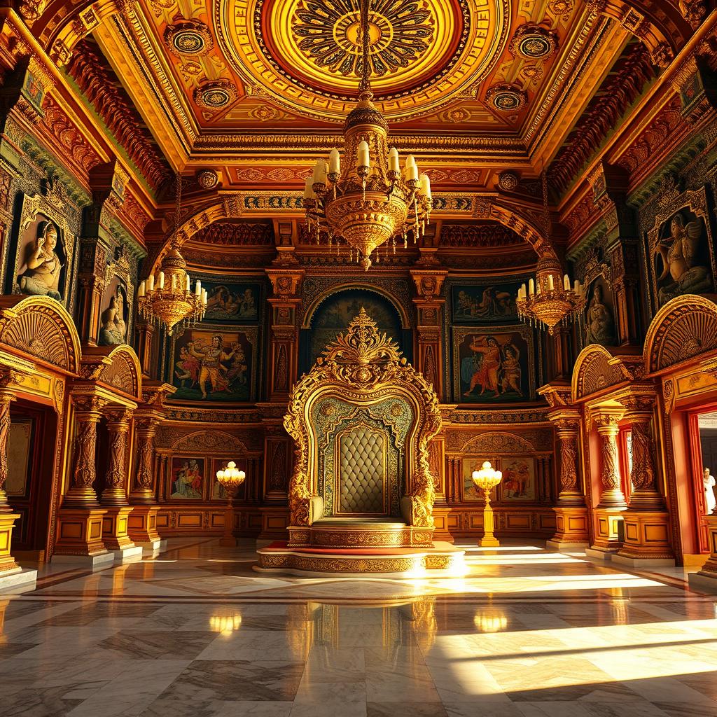 The opulent interior of Hiranyakashyap's palace, showcasing a grand and majestic space with an empty ornate throne at the center