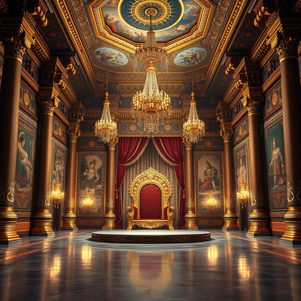 The interior of Hiranyakashyap's palace during the Mahabharata era, showcasing an extravagant and richly decorated space with an empty throne at the center