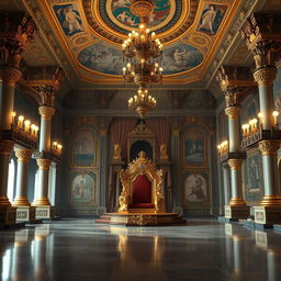 The interior of Hiranyakashyap's palace during the Mahabharata era, showcasing an extravagant and richly decorated space with an empty throne at the center