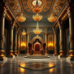The interior of Hiranyakashyap's palace during the Mahabharata era, showcasing an extravagant and richly decorated space with an empty throne at the center
