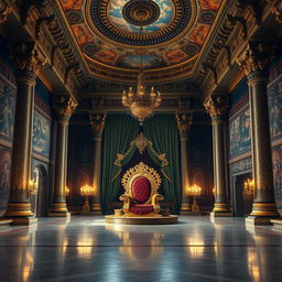 The interior of Hiranyakashyap's palace during the Mahabharata era, showcasing an extravagant and richly decorated space with an empty throne at the center