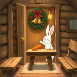 Inside a cozy wooden cabin, a cute little white rabbit is gently placing a bright orange carrot on a rustic brown wooden table