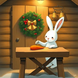 Inside a cozy wooden cabin, a cute little white rabbit is gently placing a bright orange carrot on a rustic brown wooden table