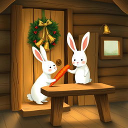 Inside a cozy wooden cabin, a cute little white rabbit is gently placing a bright orange carrot on a rustic brown wooden table