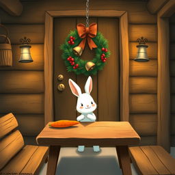 Inside a cozy wooden cabin, a cute little white rabbit is gently placing a bright orange carrot on a rustic brown wooden table