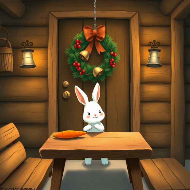 Inside a cozy wooden cabin, a cute little white rabbit is gently placing a bright orange carrot on a rustic brown wooden table