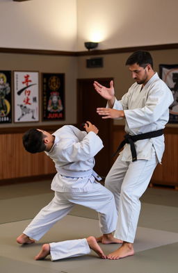 A professional judo trainer providing guidance to a student during a training session