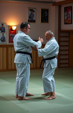 A professional judo trainer providing guidance to a student during a training session