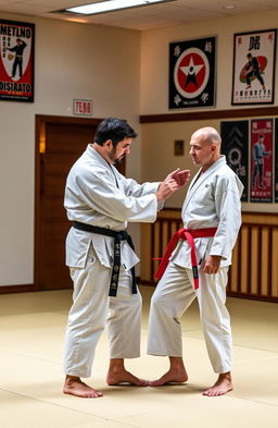 A professional judo trainer providing guidance to a student during a training session