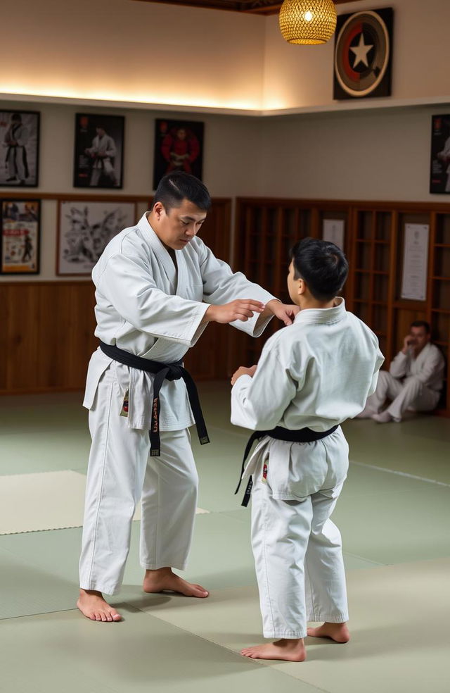 A professional judo trainer providing guidance to a student during a training session