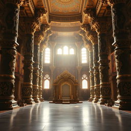 The stunning interior of Hiranyakashyap's palace during the Mahabharata era, featuring massive, intricately carved pillars that rise dramatically to support a high vaulted ceiling