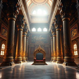 The stunning interior of Hiranyakashyap's palace during the Mahabharata era, featuring massive, intricately carved pillars that rise dramatically to support a high vaulted ceiling