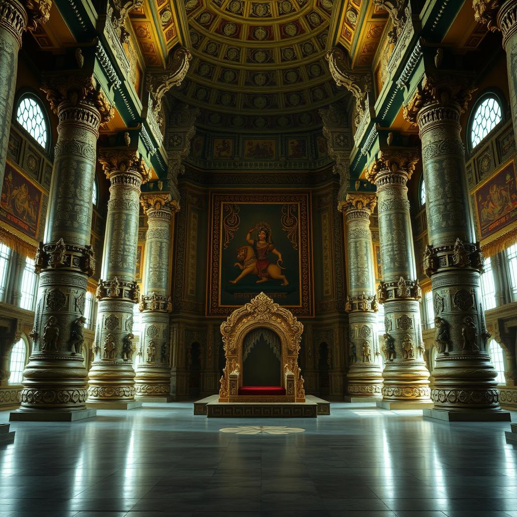 The stunning interior of Hiranyakashyap's palace during the Mahabharata era, featuring massive, intricately carved pillars that rise dramatically to support a high vaulted ceiling