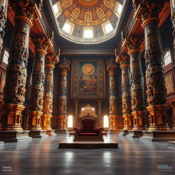 The stunning interior of Hiranyakashyap's palace during the Mahabharata era, featuring massive, intricately carved pillars that rise dramatically to support a high vaulted ceiling