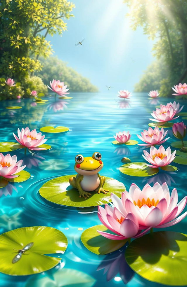 A whimsical pond scene featuring a cheerful frog sitting on a vibrant green lily pad, surrounded by blooming water lilies in various shades of pink and white