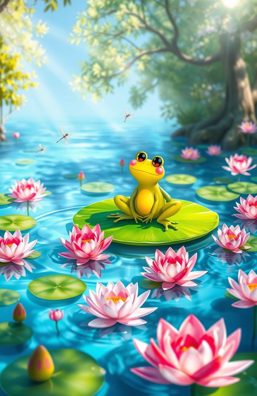 A whimsical pond scene featuring a cheerful frog sitting on a vibrant green lily pad, surrounded by blooming water lilies in various shades of pink and white