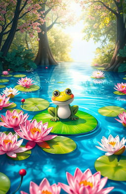 A whimsical pond scene featuring a cheerful frog sitting on a vibrant green lily pad, surrounded by blooming water lilies in various shades of pink and white