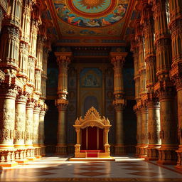 The majestic interior of Hiranyakashyap's palace set in the Mahabharata era, featuring towering, intricately carved pillars that resonate with grandeur