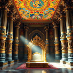 The majestic interior of Hiranyakashyap's palace set in the Mahabharata era, featuring towering, intricately carved pillars that resonate with grandeur