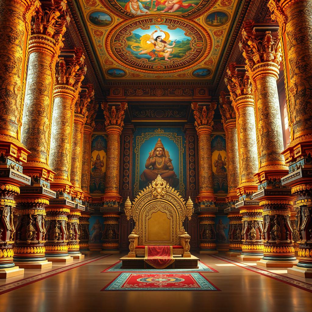 The majestic interior of Hiranyakashyap's palace set in the Mahabharata era, featuring towering, intricately carved pillars that resonate with grandeur