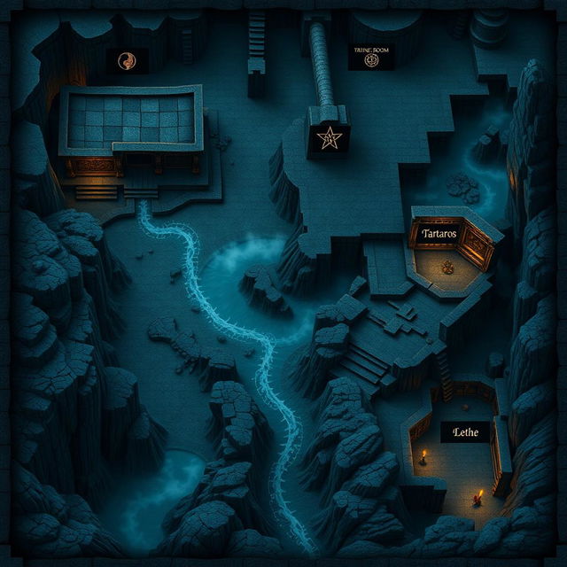 A detailed underworld map featuring the throne room of Hades, known as the office of the King of Hell, a training room, the Tartaros, and the Lethe river