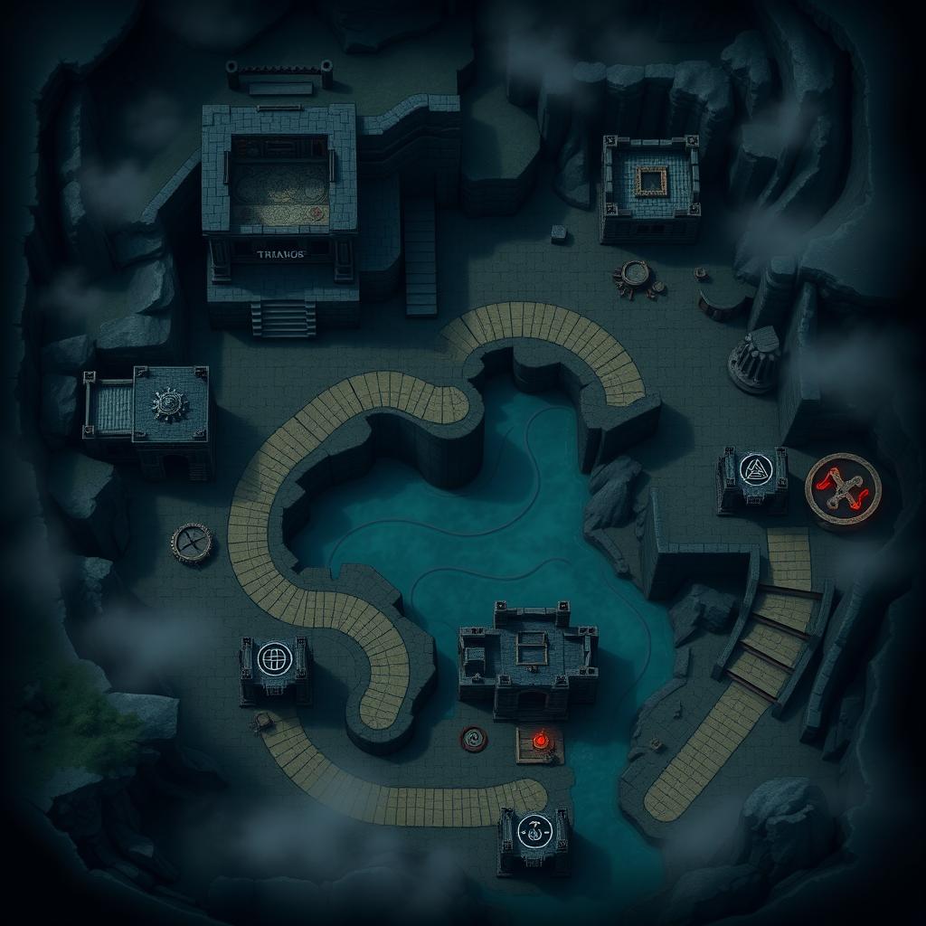 A detailed underworld map featuring the throne room of Hades, known as the office of the King of Hell, a training room, the Tartaros, and the Lethe river