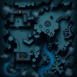 A detailed underworld map featuring the throne room of Hades, known as the office of the King of Hell, a training room, the Tartaros, and the Lethe river