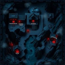 A detailed underworld map featuring the throne room of Hades, known as the office of the King of Hell, a training room, the Tartaros, and the Lethe river