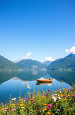 A serene landscape depicting a tranquil lake surrounded by lush, green mountains under a clear blue sky