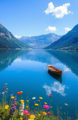 A serene landscape depicting a tranquil lake surrounded by lush, green mountains under a clear blue sky