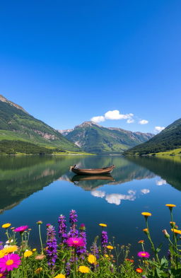 A serene landscape depicting a tranquil lake surrounded by lush, green mountains under a clear blue sky