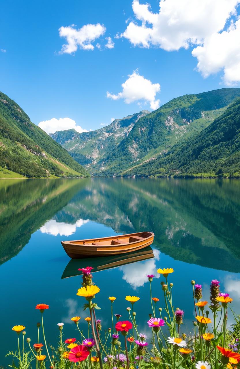 A serene landscape depicting a tranquil lake surrounded by lush, green mountains under a clear blue sky