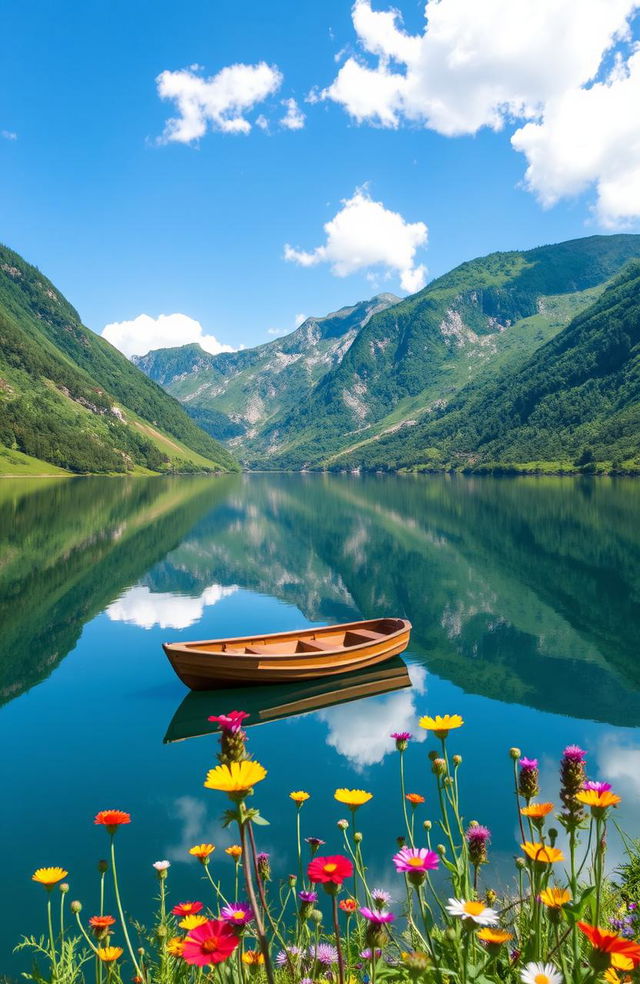 A serene landscape depicting a tranquil lake surrounded by lush, green mountains under a clear blue sky