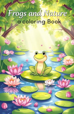 A whimsical pond scene featuring a cheerful frog sitting on a lily pad, surrounded by blooming water lilies in a serene, cozy, and magical atmosphere